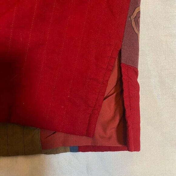 Quilted Womens Blanket Jacket Coat Wood Buttons Red Multicolor Vneck Collarless - Picture 9 of 11